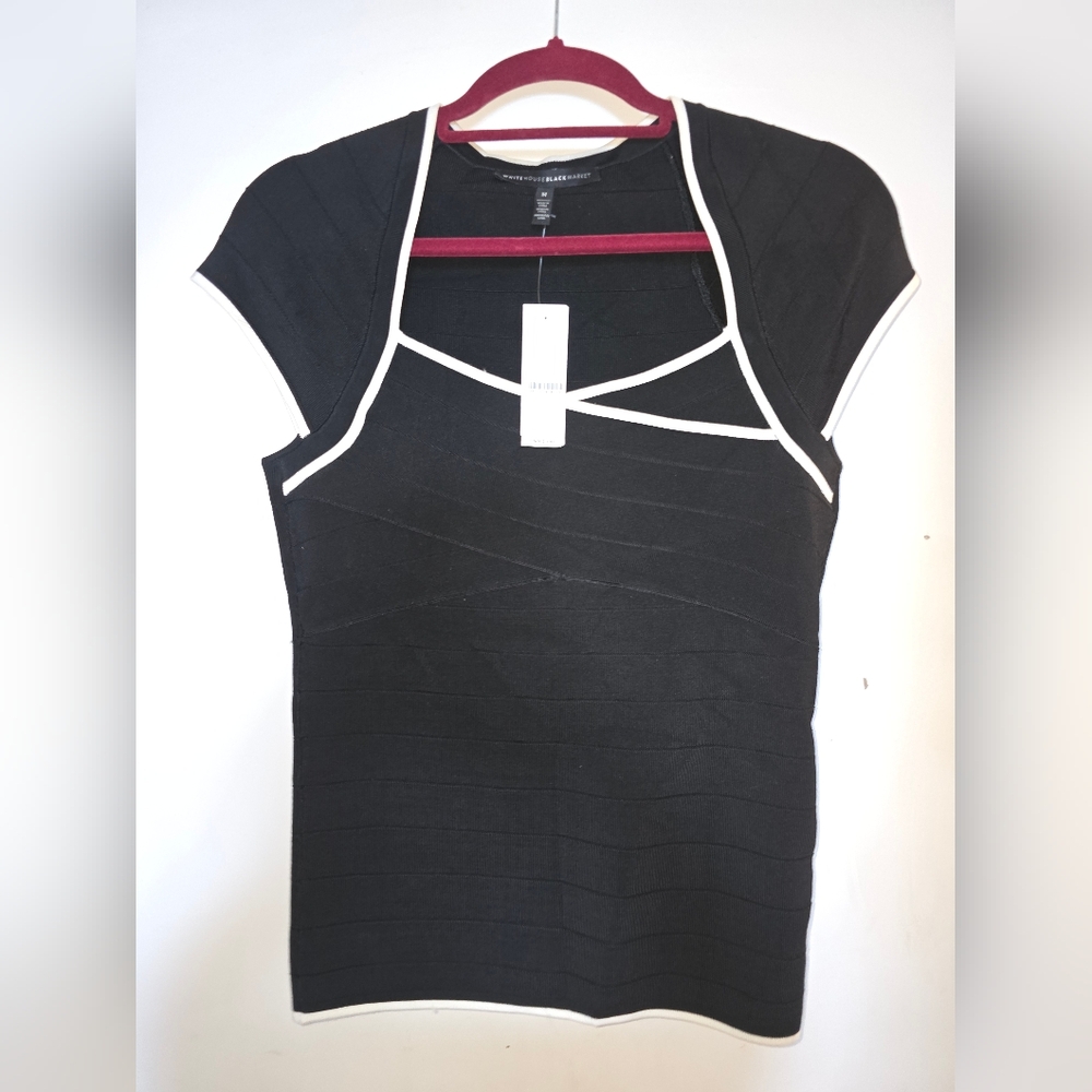 NWT White House Black Market Bodycon Top Black with White Trim Sleeveless SIZE:M